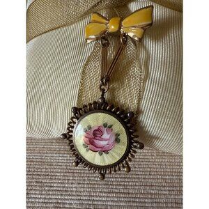 Vintage Yellow Bow & Rose Brooch With Enamel Accents